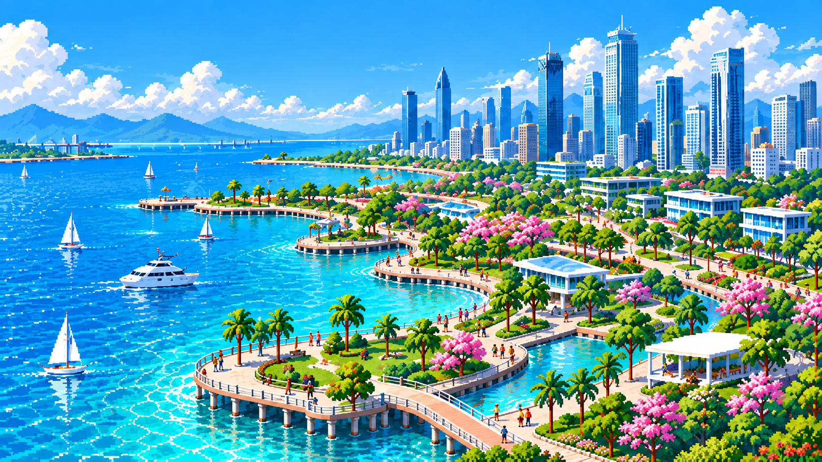 前海六园海岸与花园像素风景